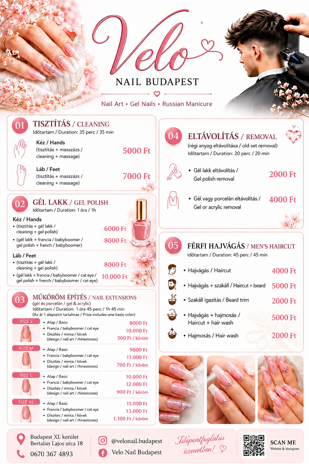 Velo Nail Budapest price menu poster with nail, removal and men's haircut prices